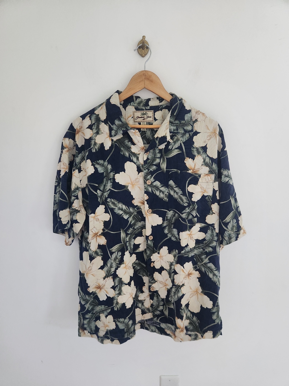 Jamaica Jaxx Navy Floral Silk Hawaiian Short-Sleeve Button-Down Shirt Sz Medium